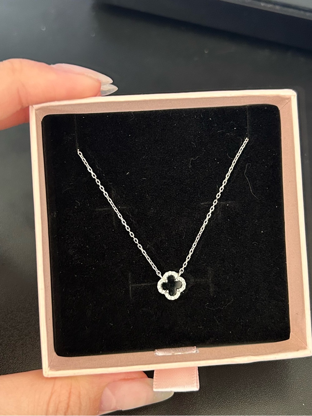 Sterling Silver Clover Pendant Necklace with Black Inlay